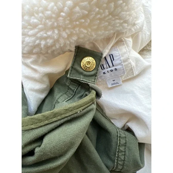 Gap Kids Army Green Utility Jacket Medium Faux Fur Lined Hood Coat Removal Vest - Picture 10 of 12